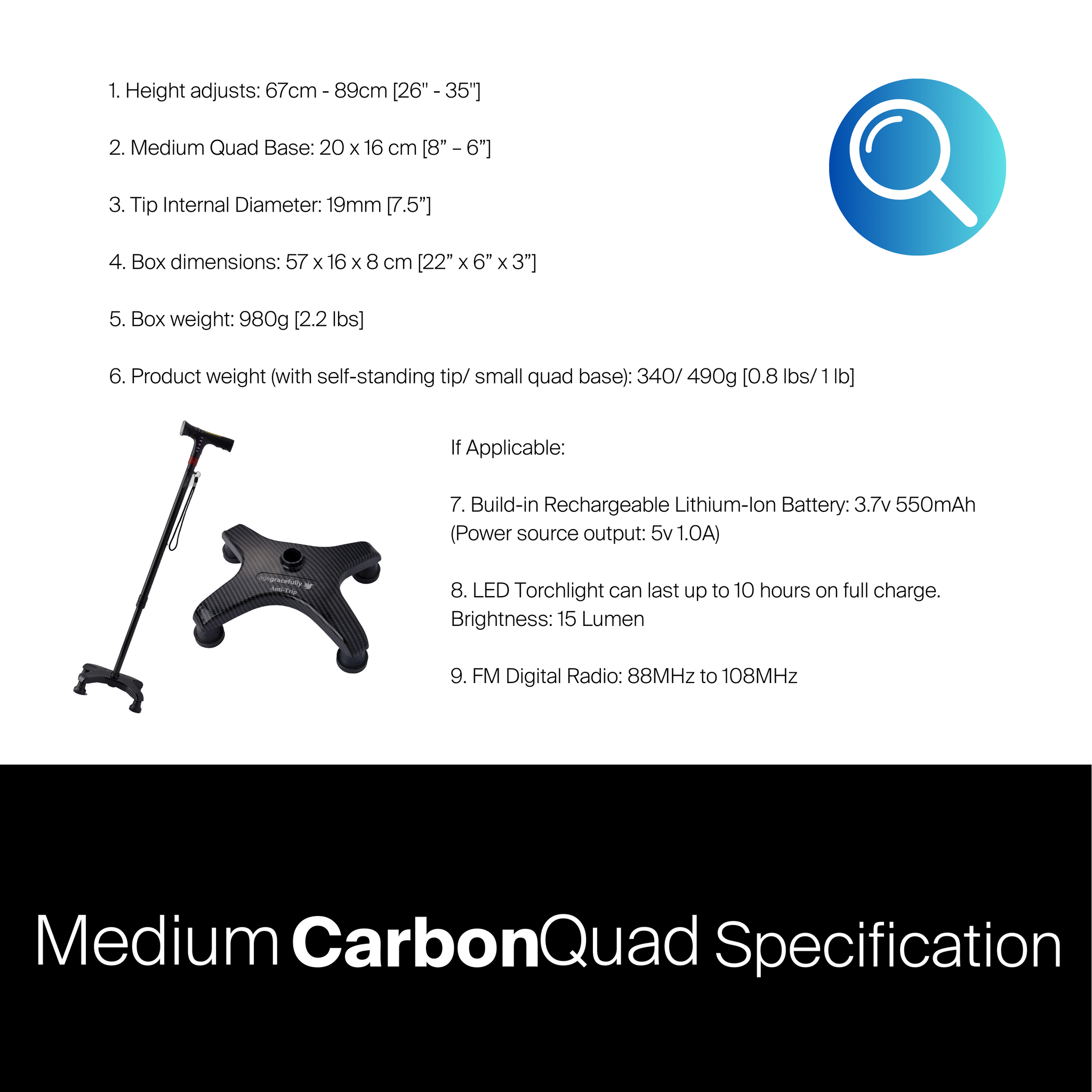 带基本手柄的中号 CarbonQuad（带手动警报的四角手杖）#WS54